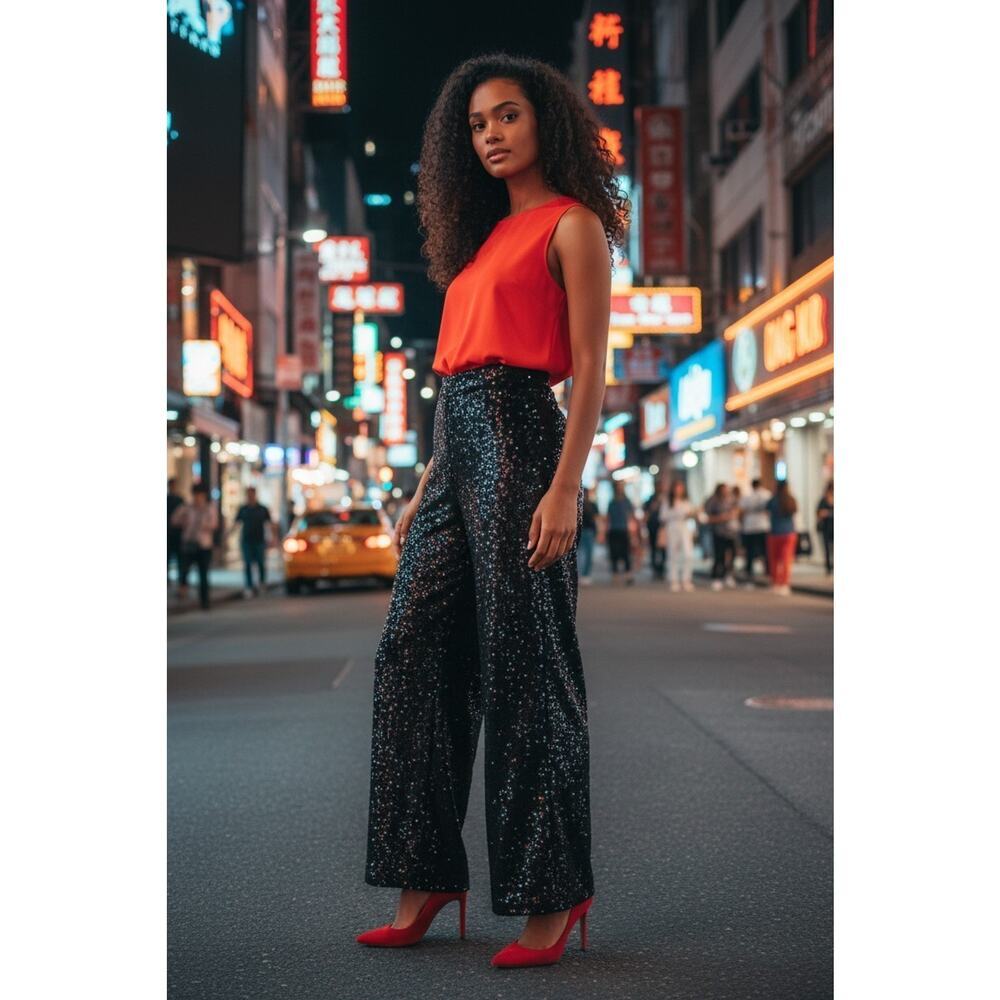 Avec Les Filles Black Sequin Wide Leg Pants Size 10 High Rise Evening Party - Picture 1 of 10